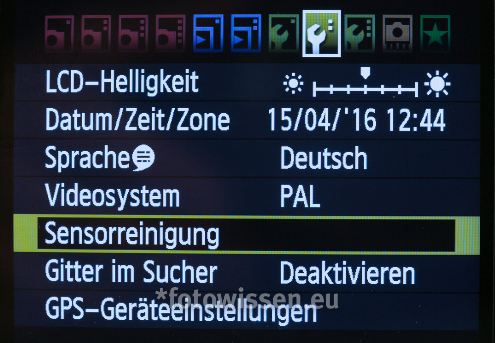 Sensor Reinigung Kameramenü
