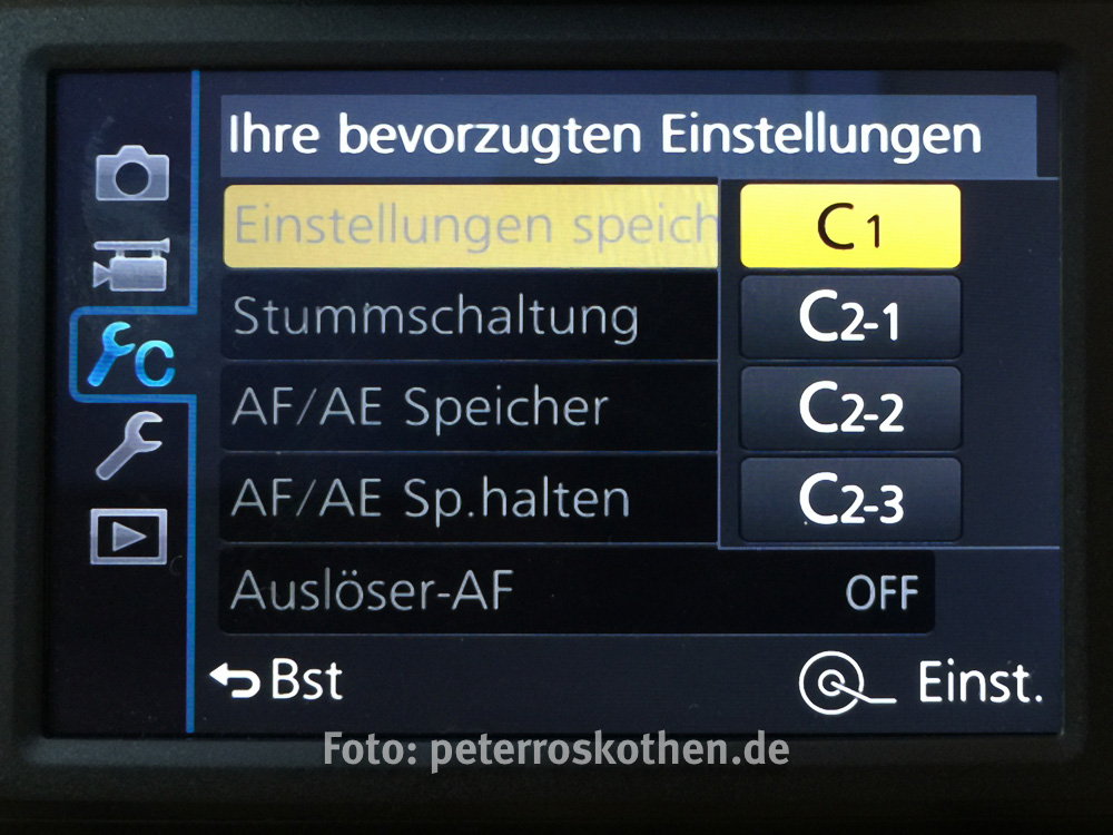 Die Einstellungen im Menü speichern auf C1 C2 oder C3