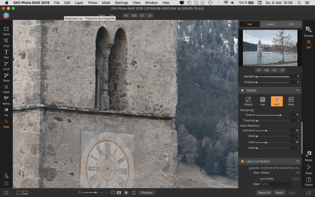 Keine Wurmbildung bei der Entwicklung mit On1 Photo RAW aus Fujifilm X-T30 RAW. 200% Ansicht Keine Wurmbildung bei der Entwicklung mit On1 Photo RAW aus Fujifilm X-T30 RAW. 200% Ansicht