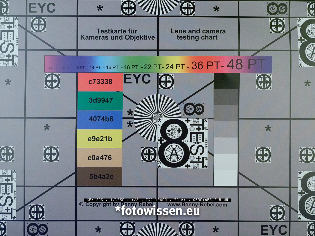 Testchart Bildqualität Fujifilm GFX 50s bei ISO 12.800 Testchart Bildqualität Fujifilm GFX 50s bei ISO 12.800
