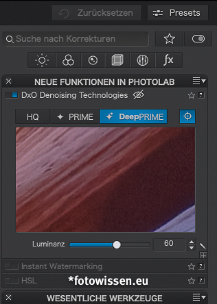 Deep Prime in DxO PhotoLab 4 entrauscht vor allem Bilder mit höherer ISO zuverlässig. Die Ergebnisse überzeugen in den Details und der Schärfe.