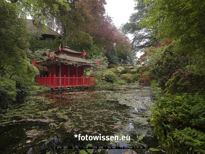 Diese Gartenfotografie entstand nur wenige Meter weiter auf einem der Trittsteine, die nicht viel Platz für Fotograf und Stativ ließen. Das Wasser kreuzt der Besucher im Japanischen Garten auf Wunsch über die Trittsteine. Für ältere Menschen oder Menschen mit Rollstuhl ist eine Alternative eingerichtet.