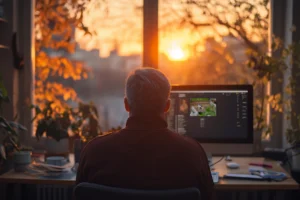 fotowissen 51 Newsletter Schreibfreude. Photojournalist sitzt vor seinem Rechner und kommt vor lauter Arbeit nicht zum Fotografieren. Die Sonne geht schon unter. Bild: Ki generiert für *fotowissen.