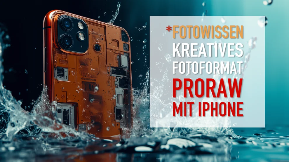 Ein iPhone mit freiliegenden Schaltkreisen steht im Wasser. Der Text lautet: *fotowissen Kreatives Fotoformat ProRAW mit dem iPhone.