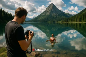 Beispielbild für gelungene Urlaubsfotografie – Bergsee, Motiv, Licht, Spiegelung. Bild: KI generiert für *fotowissen.