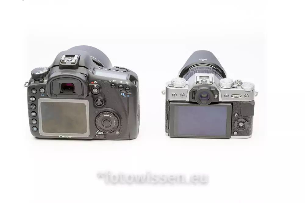 Größenvergleich Spiegelreflex (links) und spiegellose Systemkamera (rechts) Größenvergleich Spiegelreflex (links) und spiegellose Systemkamera (rechts)