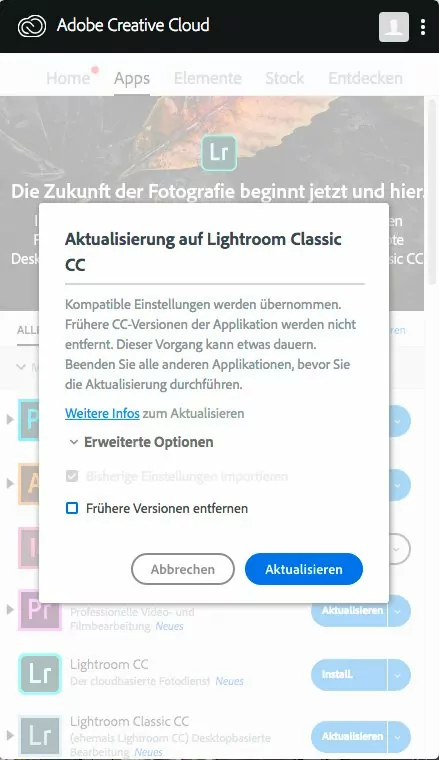 Vorsichtige Installation von Lightroom Classic CC