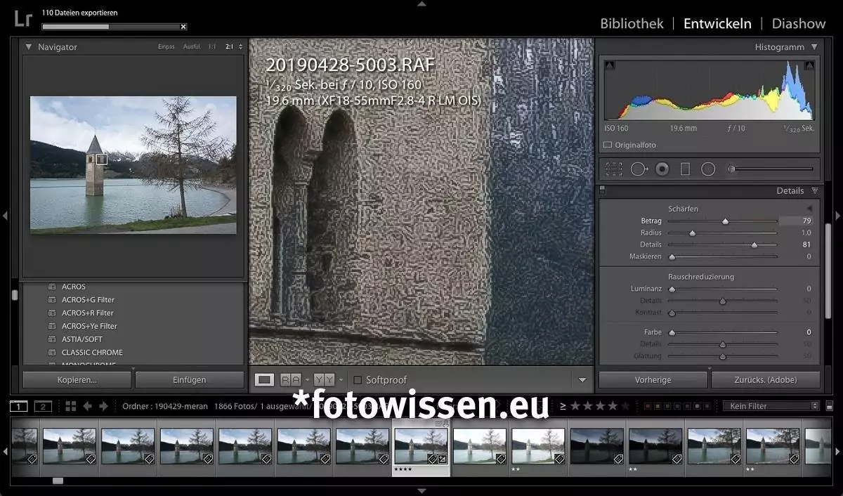 Wurm / Würmchenbildung in Adobe Lightroom beim (hier übertriebenen) Schärfen in Lightroom von Fujifilm Bildern